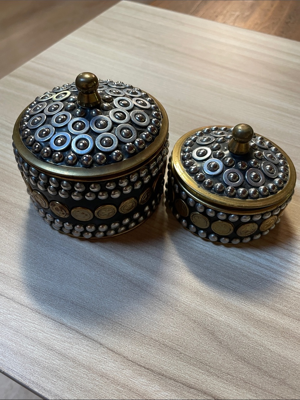 Gunmetal & Brass Round Nesting Lidded Sindoor Kumkum Box